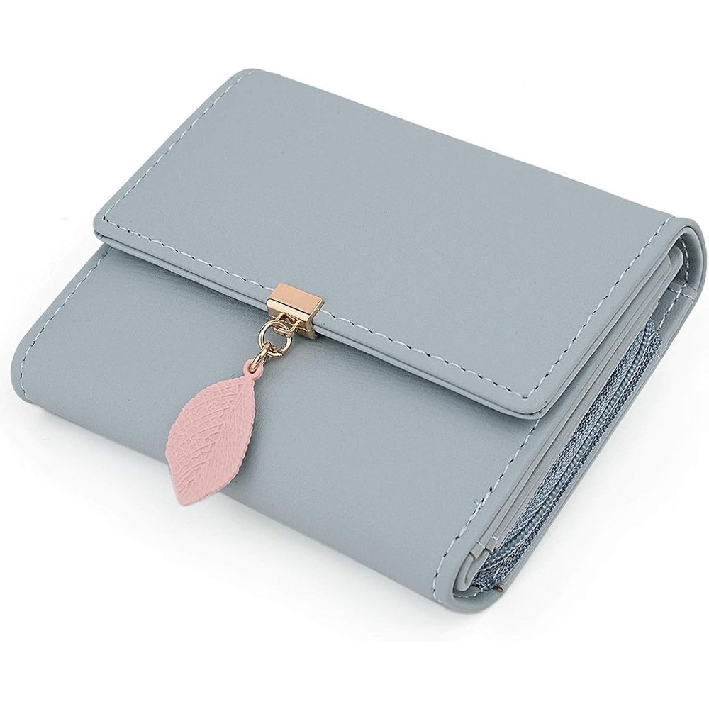 Women Small Blue PU Leather Leaf Pendant Zipper Coin Purse